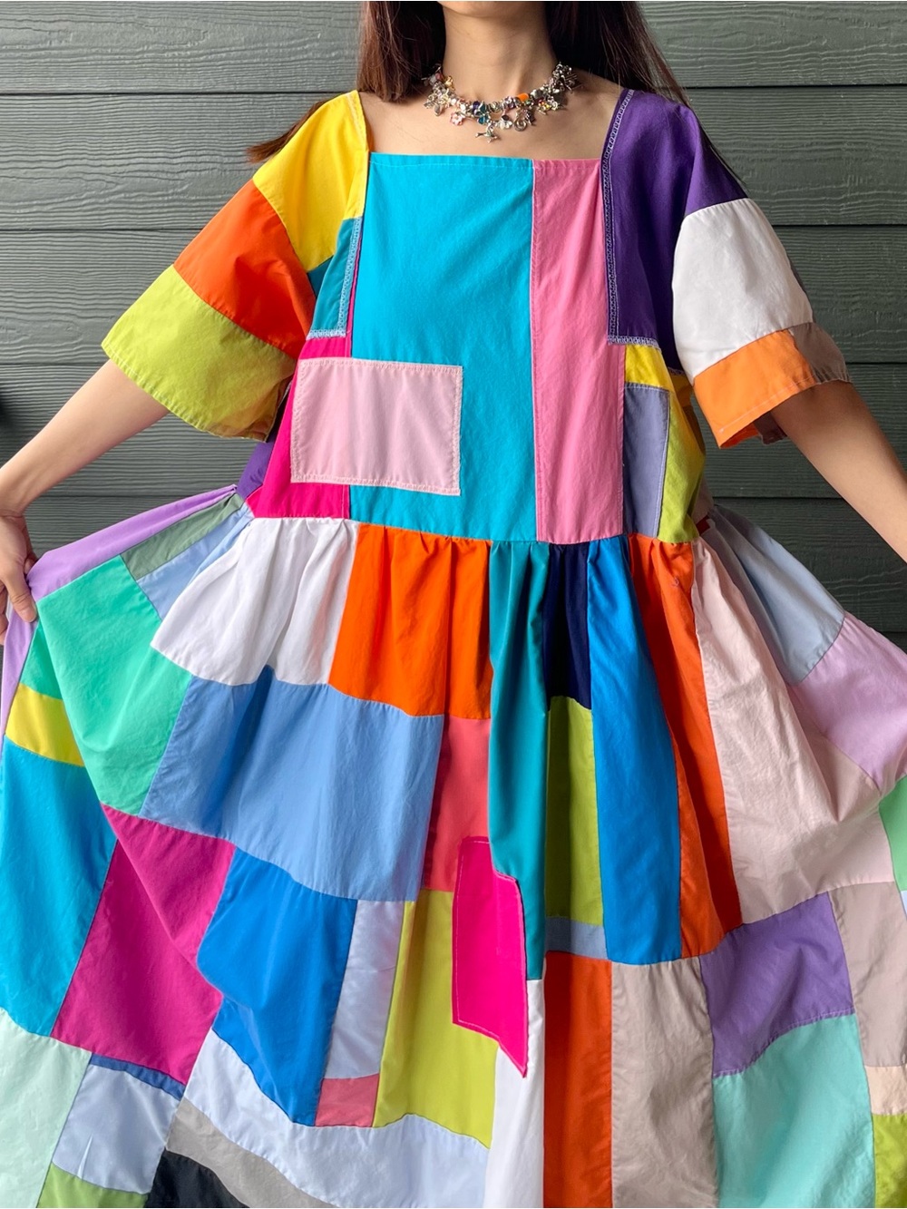Handmade Quilted Patchwork Colorblock Dress SKU 08121 - Picture 8 of 16